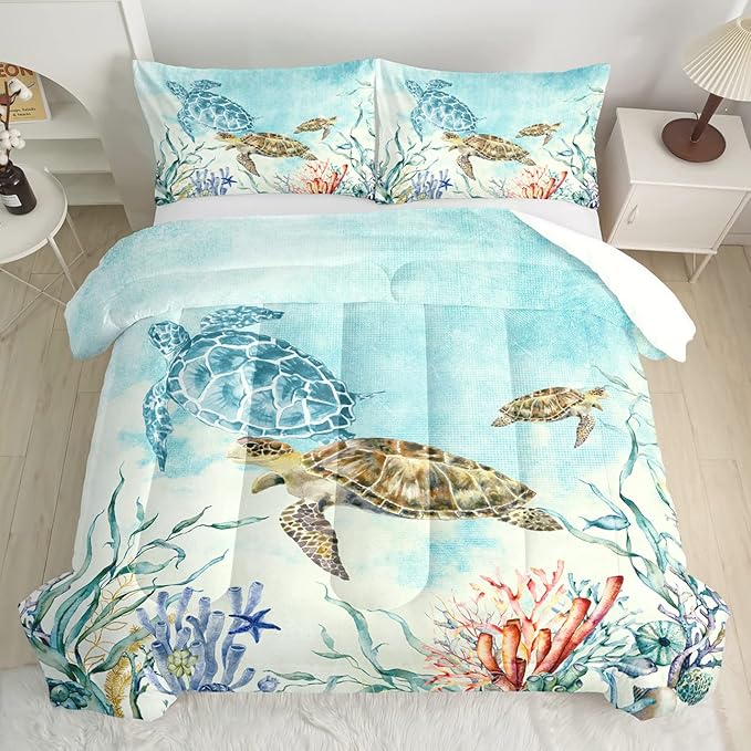 CVHOUSE Ocean Watercolor Sea Turtle Comforter Set, Queen Size, 1 Comforter, 2 Pillowcases, Polyester, for Adult, Teen, Kid, Modern Style, Unisex, Winter, Fall, Spring, Machine Wash