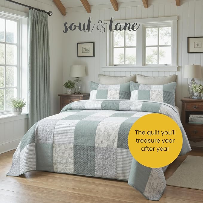 Soul & Lane Memory Lane 3-Piece Cotton Quilt Set - Queen Size with 2 Shams, Sage Green Patchwork Quilted Comforter, Lightweight Country Pieced Bedspread, Neutral Modern Farmhouse Bedding