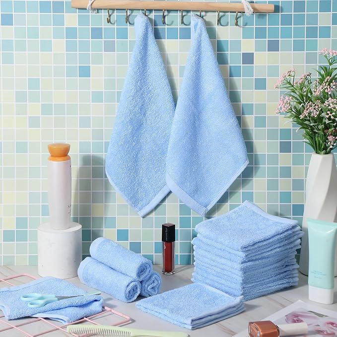Newwiee 40 Count Wash Cloth Bulk Cotton Bath Hand Face Washcloths Soft Quick Drying Towel for Women Bathroom Washing Body Viscose Fiber Multipurpose Fingertip Rags(10 x 10 Inch,Blue)
