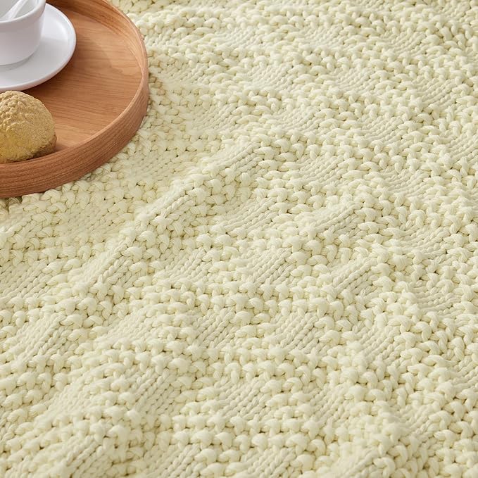 Knitted Weighted Blanket for Adult, Chunky Knit Weighted Throw for Sleep 50"*60" 5lbs, Cooling Breathable Heavy Blanket for Hot Sleepers, Machine Washable Blanket for Room Decor(Cream White)