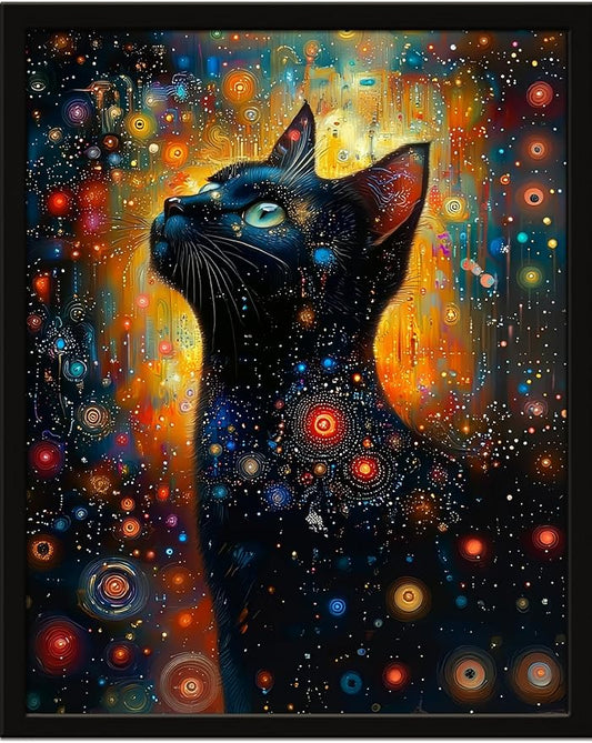 Monet Style Black Cat Wall Art Prints Cat Looking Up At The Stars Poster Canvas Art Wall Decor Picture For Bedroom Office Bathroom Wall Decor Aesthetic Home Artwork 12" × 16" With Framed