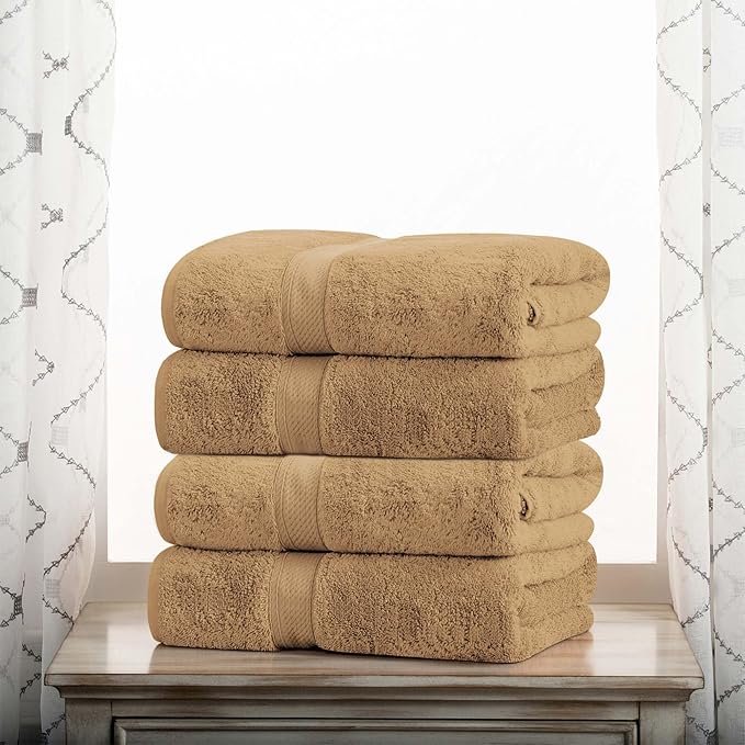 Superior Egyptian Cotton Pile Bath Towel Set of 4, Ultra Soft Luxury Towels, Thick Plush Essentials, Absorbent Heavyweight, Guest Bath, Hotel, Spa, Home Bathroom, Shower Basics, Toast