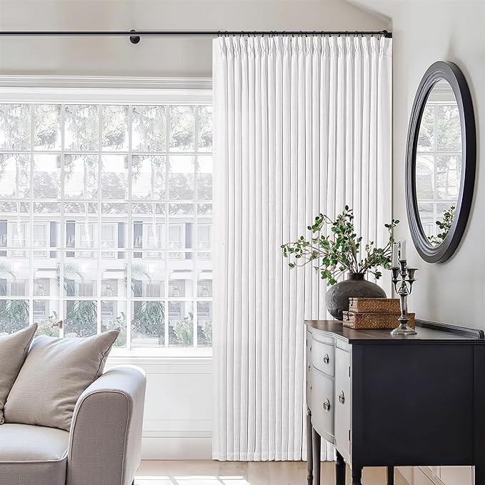 Extra Wide Pinch Pleated Linen Curtains 84 Inches Long 70 Inch Width for Living Room Bedroom Light Filtering Semi Sheer Pleat Window Curtain Boho Pinch Pleated Drape with Hooks Rings 1 Panel 70x84
