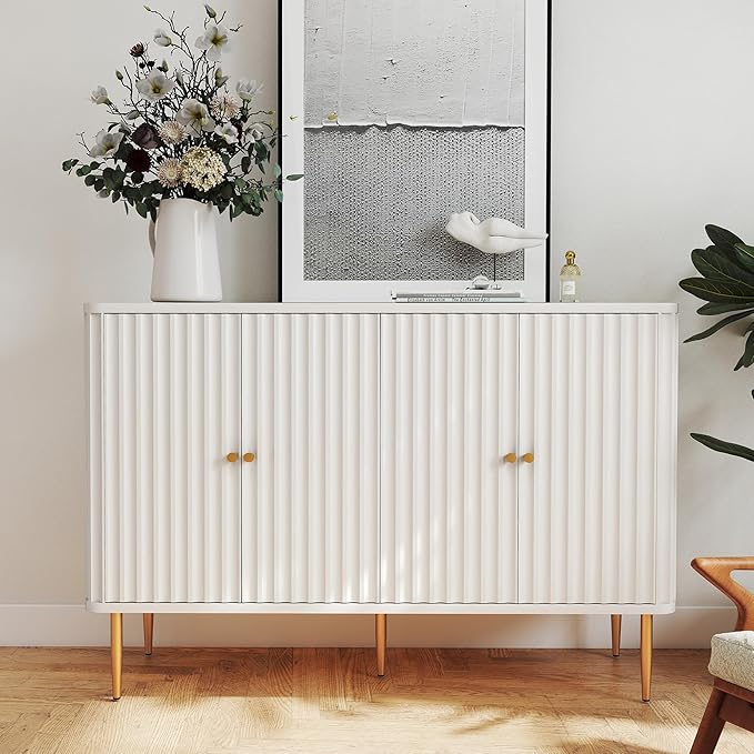 48" Sideboard Buffet Cabinet with Storage,Modern Accent Cabinet with 4 Door and Removable Shelves,Credenza Buffet Table for Living Room,Dinning Room,Entryway,White