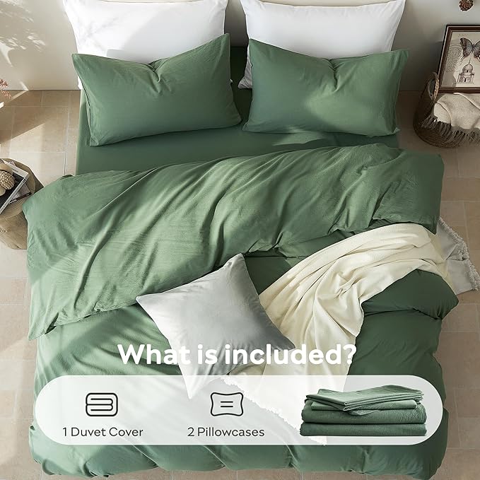 JELLYMONI Duvet Cover Queen Size - Washed Cotton Comforter Cover with Linen-Like Texture,Breathable & Soft Bedding for Modern Home,Guest Room and Everyday Use,Dusty Green 1 Duvet Cover & 2 Pillowcases