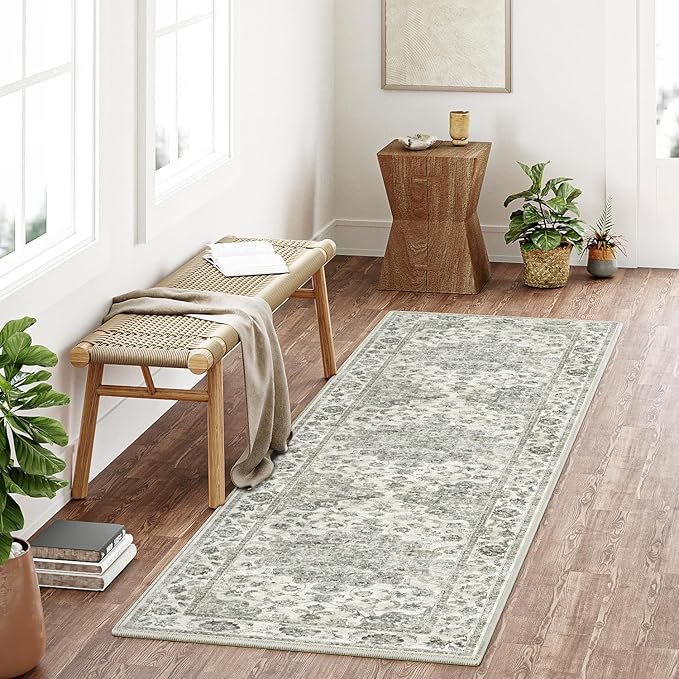 2x8 Washable Neutral Runner Rug Green Vintage Hallway Kitchen Carpet Non-Slip Soft Low Pile Floral Throw Rug for Bedroom Bathroom Laundry Living Room
