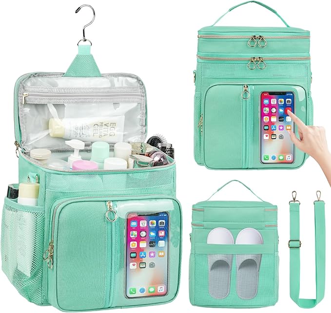Portable Shower Caddy Bag College, Quickly Dry Toiletry Mesh Tote Bag for Dorm Room Essentials, Hanging Bathroom Organizer for Travel, Gym, Camping (Mint Green)