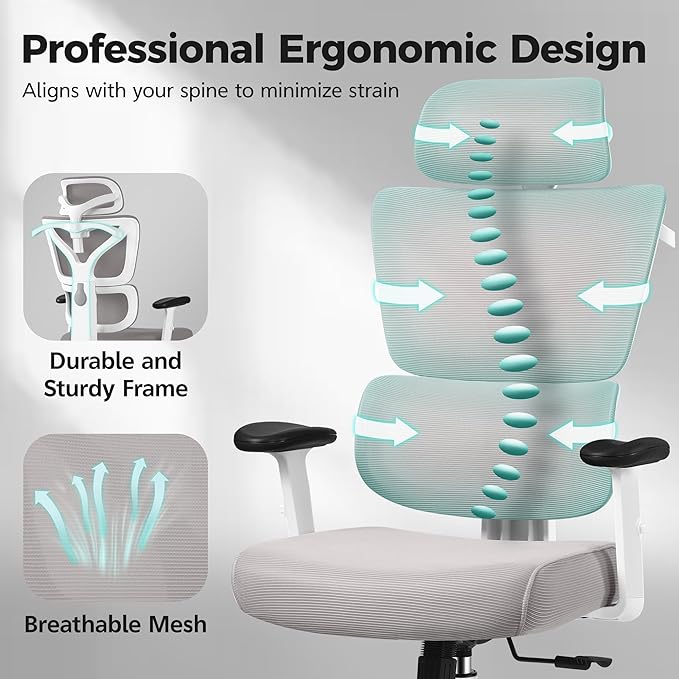 Ergonomic Office Chair High Back Desk Chair with Lumbar Support, Breathable Mesh Computer Chair with Adjustable Armrests Height, Reclining Swivel Big and Tall Gaming Chair for Home Office(Gray)