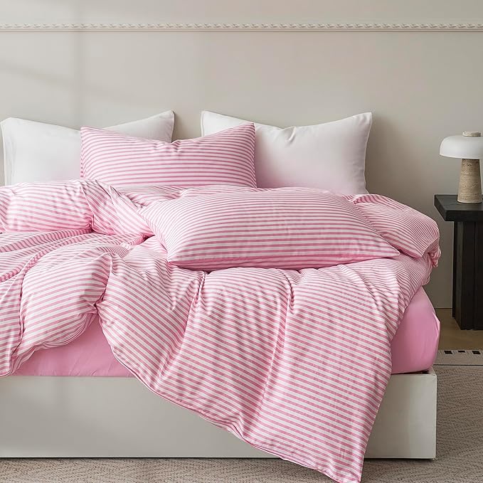 JELLYMONI Queen Duvet Cover Set, Cotton Duvet Cover 2 Pieces with Zipper Closure, 1 Duvet Cover and 2 Pillowcases(Pink with White Striped)