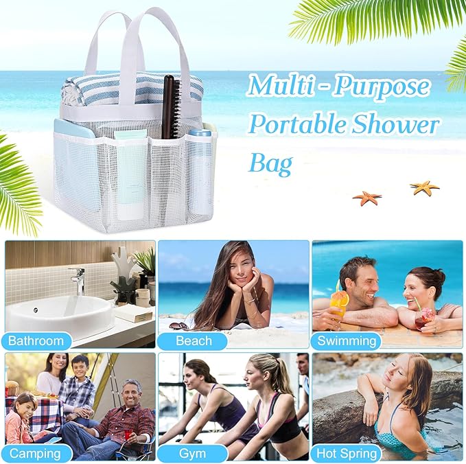 Hillban 4 Pcs Mesh Shower Caddy Portable Large Quick Dry Shower Caddy Basket with Deeper 8 Pockets and 2 Handles Hanging Bag for College Dorm Room(White)