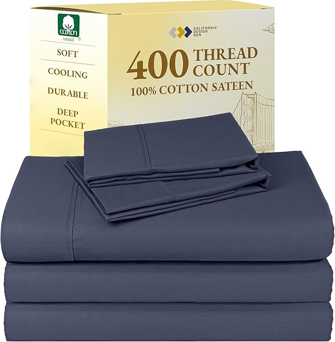California Design Den Split King Sheets Sets for Adjustable Bed - Soft 400 Thread Count Sateen, Natural 100% Cotton Sheets, Deep Pockets, Breathable, and Durable Bedding - Indigo Dusty Blue CaliforniaDesignDen