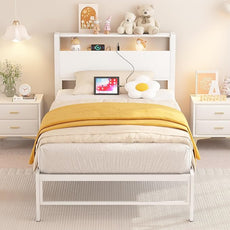 Twin Bed Frames with Charging Station, 2 Tiers Storage Headboard Twin Sized Bed No Box Spring Needed Heavy Duty Metal Platform, White