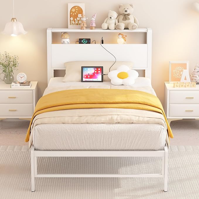 Twin Bed Frames with Charging Station, 2 Tiers Storage Headboard Twin Sized Bed No Box Spring Needed Heavy Duty Metal Platform, White