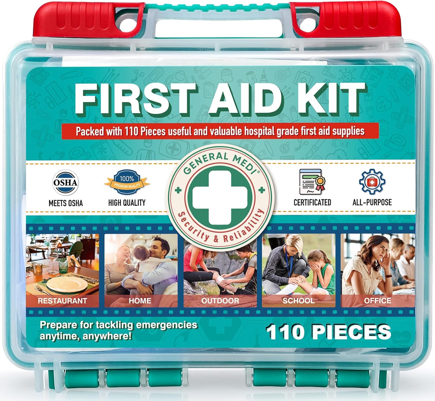General Medi 420 Pieces Professional First Aid Kit - HardCase First Aid Box - Contains Premium Medical Supplies for Travel, Home, Office, Vehicle, Camping, Workplace & Outdoor