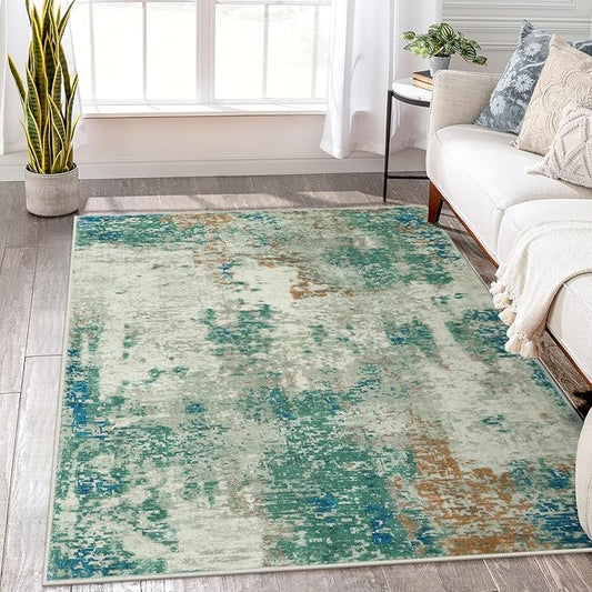 Lahome Modern Abstract Area Rug 5x7 Rugs for Living Room, Washable Accent Bedroom Rug Non-Slip Non Skid, Indoor Floor Contemporary Carpet for Kitchen Bathroom Laundry,Green/Grey