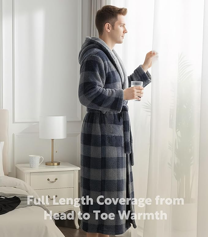 DAVID ARCHY Men's Hooded Robe Soft Coral Fleece Microfiber Bathrobe