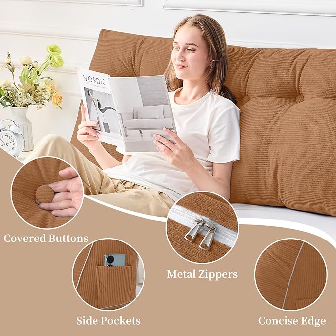 Sasttie Headboard Pillow King, Wedge Pillow Headboard for Sitting Up in Bed, Back-Rest Support Triangular Cushion for Reading - Features Removable Washable Cover, Caramel