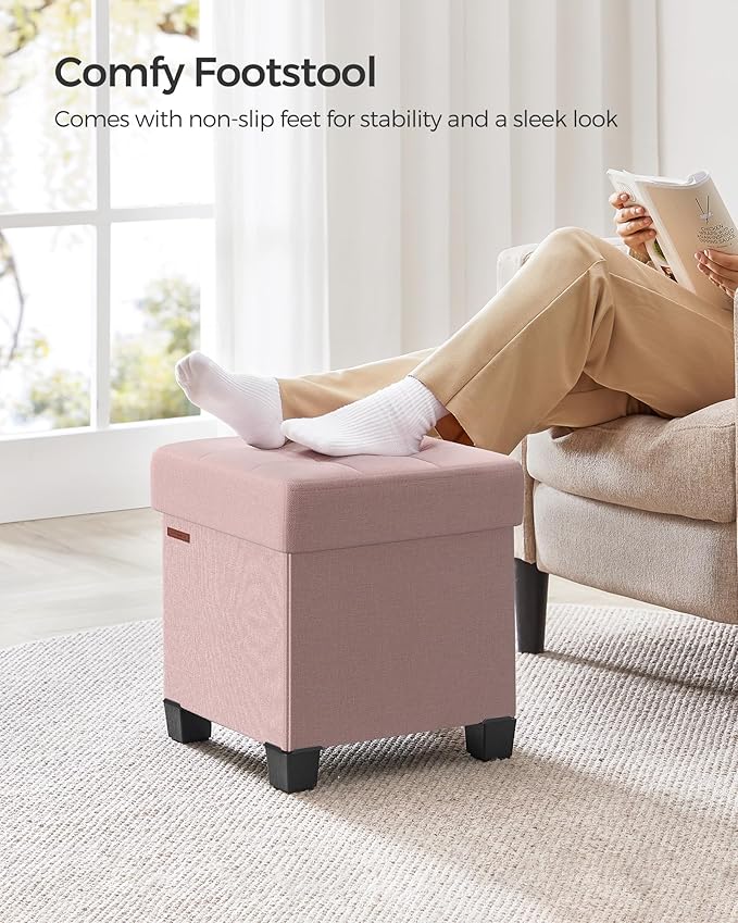 SONGMICS Storage Ottoman, Small Ottoman Foot Rest with Legs, 15 x 15 x 15.7 Inches Foot Stool, Load up to 660 lb, for Living Room, Bedroom, Dorm, Jelly Pink ULSF014P01