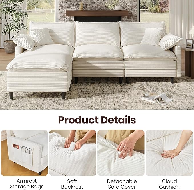 108" L Shaped Modular Sectional Cloud Couch with Ottoman, Snap-on Easy Installation 3 Seater Deep Seat Sofa with Storage Bag and Coffee Table for Living Room, Corduroy, Beige