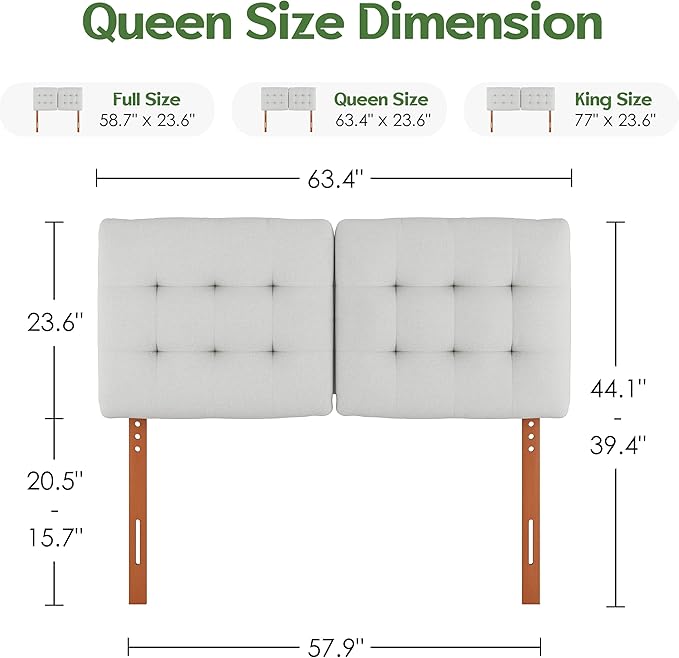 Upholstered Headboard Queen Size, Adjustable Height Queen Headboard Only from 39”to 44”with Durable Solid Wood Legs, Modern Button Diamond Fabric Bed Head Board with Width Adapters, Beige