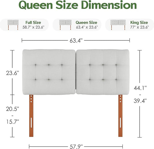 Upholstered Headboard Queen Size, Adjustable Height Queen Headboard Only from 39”to 44”with Durable Solid Wood Legs, Modern Button Diamond Fabric Bed Head Board with Width Adapters, Beige