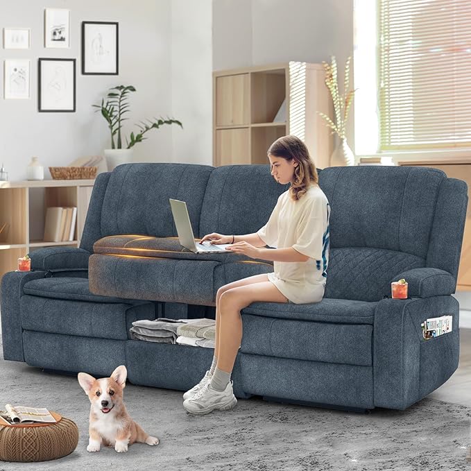 3-Seater Recliner Sofa, Manual Reclining Couch with Multi-Functional Middle Seat, Reclining Sofa for Living Room with Hidden Storage Space, Cup Holders, and Removable Console