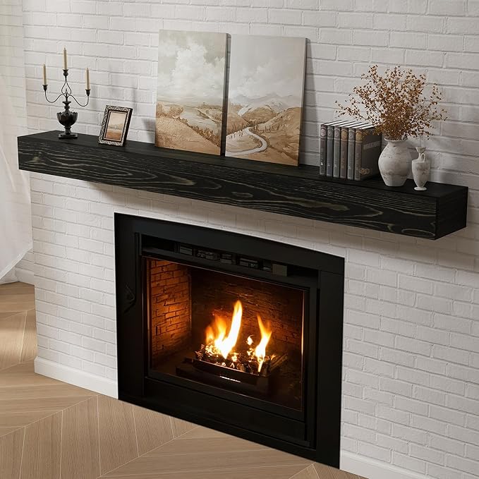 Dreamland 72 X 8 X 5 Fireplace Mantel - Solid Rustic Wood Wall Mounted Floating Shelf - Handcrafted Wood Fireplace Mantels - Floating Fireplace Mantel - Black