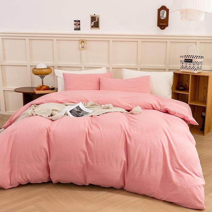 ECOCOTT Pink Duvet Cover Queen Size - Linen Feel Organic Natural 100% Washed Cotton, Soft Breathable 3 Pieces Bedding Set with Zipper Closure