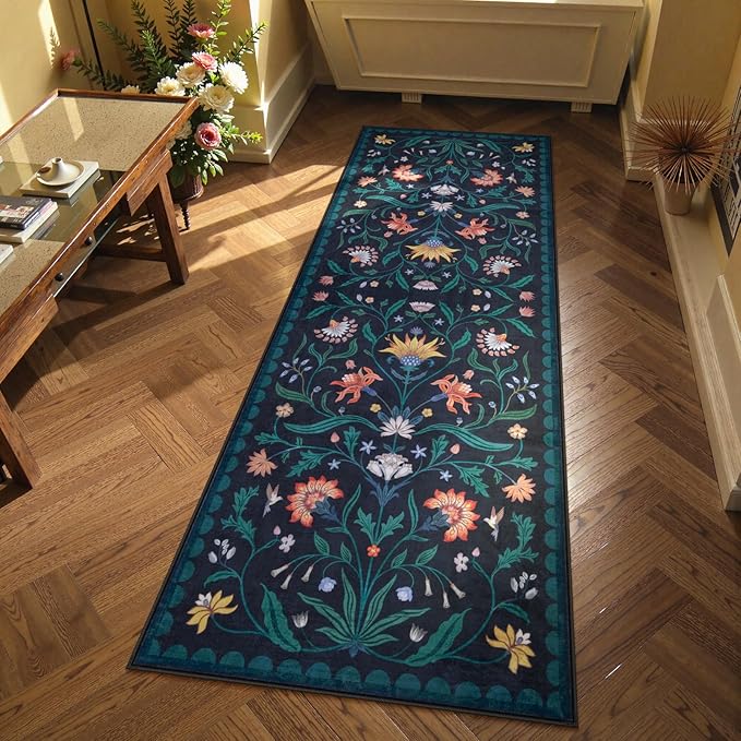 Lahome Boho Floral 2x6 Washable Kitchen Hallway Runner Rug Non Slip, Dark Blue Bathroom Carpet Runner, Soft Non-Skid Runners for Entryway Laundry(Dark Blue,2x6)