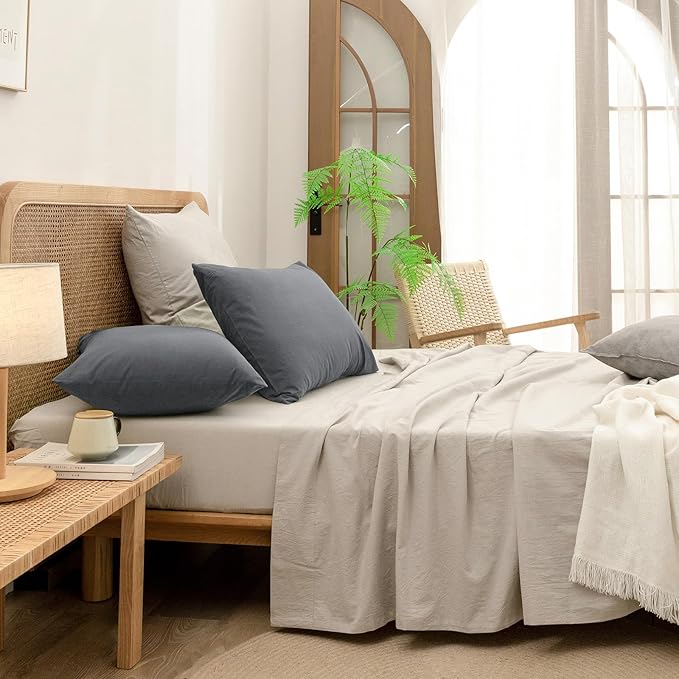 BESTOUCH 100% Washed Cotton Pillowcase for Hair and Skin Linen Feel Soft Comfortable Breathable 2 Set Pillow Case with Envelope Closure Solid Quiet Shade Grey Euro 26x26 Inches