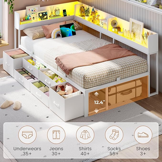 VIAGDO Corner Bed Frame with Storage Bookcase and 6 Drawers, Twin Metal Platform Corner Bed Frame with LED Lights and Charging Station, Twin Daybed for Kids Teenagers, White