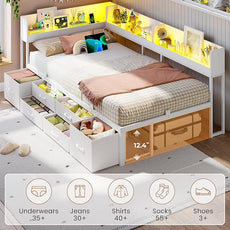 VIAGDO Corner Bed Frame with Storage Bookcase and 6 Drawers, Twin Metal Platform Corner Bed Frame with LED Lights and Charging Station, Twin Daybed for Kids Teenagers, White