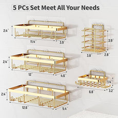 5 Pack Shower Caddy Organizer Rack Shelf for Inside Shower, Self Adhesive Wall Storage Basket Rustproof Stainless Steel Shampoo Holder Bathroom Accessory Decor Set, Gold