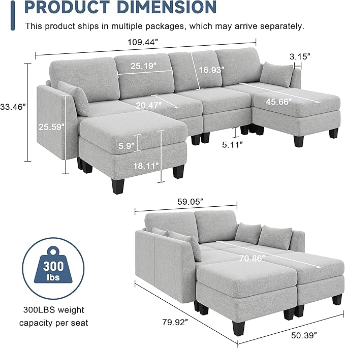 Modular Sectional Sofa, Convertible U Shaped Sofa Couch with High Density Memory Foam, 6 Seat Comfy Modular Sofa Couch for Living Room, Modern U Shaped Sectional Sofa, Lightgrey