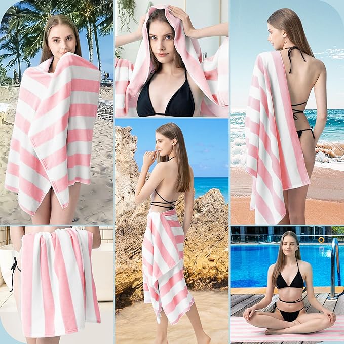 Touchat 4 Pack Cabana Stripe 250GSM Polyester Lightweight Quick-Dry Beach Towel & Blanket Combo- 30'' x 60'' Compact Travel Towel for Pool, Camping, Gym, Yoga | Ultra-Portable, Multi-Functional，Pink