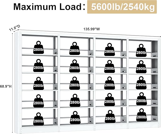 Industrial 5-Tier White Metal Bookshelf - Tall Freestanding Organizer for Living Room, Bedroom & Home Office