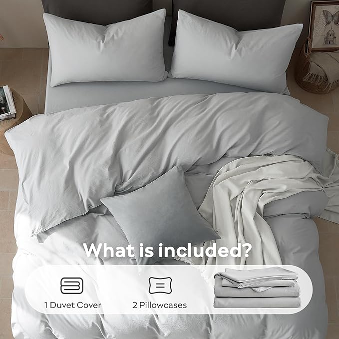 JELLYMONI Duvet Cover Full Size - Washed Cotton Comforter Cover with Linen-Like Texture,Breathable & Soft Bedding for Modern Home,Guest Room and Everyday Use,Pale Grey 1 Duvet Cover & 2 Pillowcases