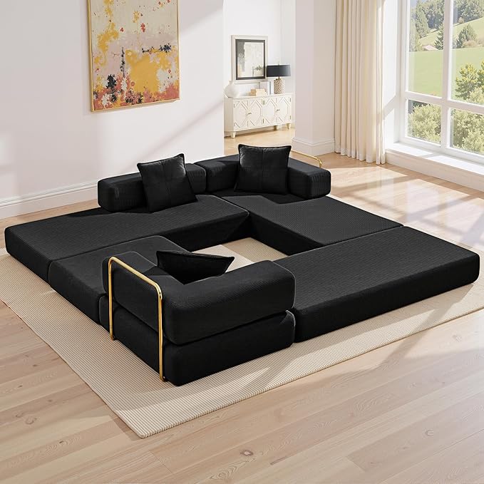 108" Oversized Convertible Sleeper Sofa Bed, Corduroy L Shape Sectional Couch, Folding Sofa Bed with Fixed-Shape Frame, Modern Cloud Floor Mattress Couch, Modular Sofa for Living Room,Black