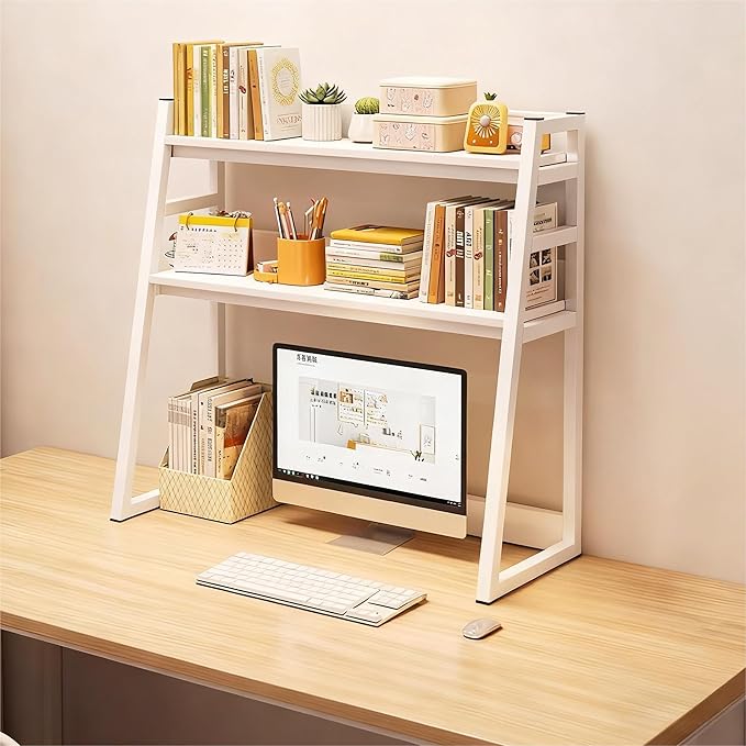 2-Tier Desktop Bookshelf, Wood Hutch Shelf Organizer, 29.9 x 12.6 x 35.4 inches, Study Room Storage Rack (White, 30 * 12 * 35in)