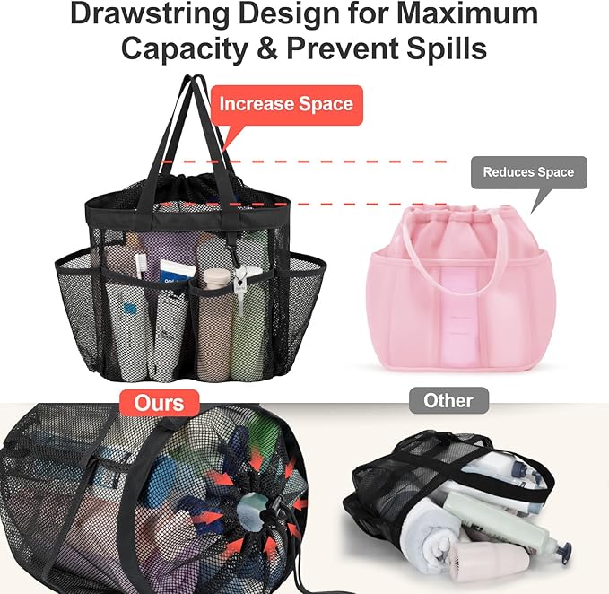 F-color Mesh Shower Caddy Portable with Drawstring - Upgrade Deeper 7 Pockets Dorm Room Essentials for Guys Girls with S Hook, Shower Bag Basket Tote for College Camping Gym Toiletry Bathroom, Black
