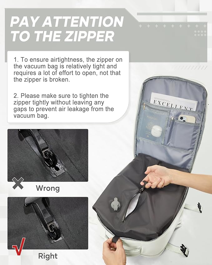 suwasp Vacuum Compression Backpack, 45L Expandable Travel Backpack with Electric Vacpack Pump, Travel Vacuum Bags with Shoe Compartment/17inch Laptop Compartment/USB Port, White