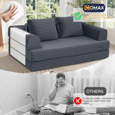 COMAX Convertible Sofa Bed, Folding Floor Couch Corduroy Fold Out Couch Bed Futon Sleeper Mattress with Pillows, Boneless Sofa Comfy Lounge Loveseat for Living Room Bedroom, Plush Grey