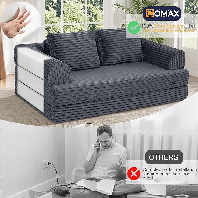 COMAX Convertible Sofa Bed, Folding Floor Couch Corduroy Fold Out Couch Bed Futon Sleeper Mattress with Pillows, Boneless Sofa Comfy Lounge Loveseat for Living Room Bedroom, Plush Grey