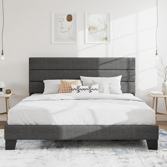 SHA CERLIN King Platform Bed Frame with Upholstered Fabric Headboard, Mattress Foundation with Strong Wooden Slats Support, No Box Spring Needed, Grey