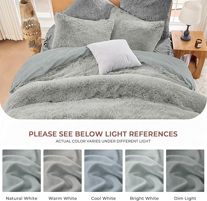 Sasttie 3-Piece Fluffy Duvet Cover Queen, Ultra Soft Faux Fur and Velvet Light Grey Comforter Cover, Luxury Fuzzy Bedding Sets for Winter Bed, Includes 1 Duvet Cover and 2 Pillowcases, No Comforter