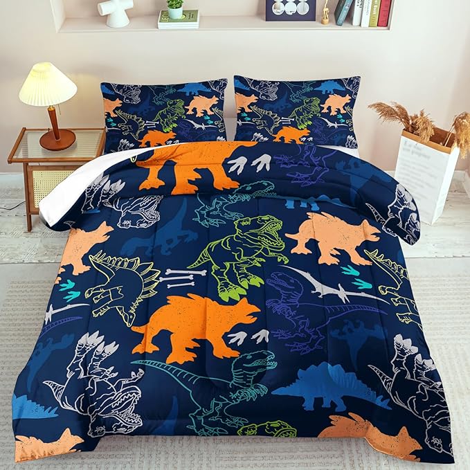 Blue Dinosaur Comforter Set Twin Boys,Cute Dinosaur Bedding Set Twin for Kids,Kawaii Dragon Comforter Blue Bedroom Decor,Cute Animal Bedding Kawaii Animal Quilt Boys