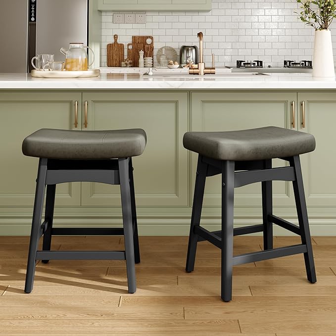 MAISON ARTS Grey Counter Height Bar Stools Set of 2 for Kitchen Counter Solid Wood Legs with Faux Leather Saddle Seat Farmhouse Barstools for 34"-38" Counter Island Upholstered Stools, 24in Height