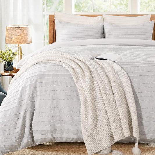 NEXHOME PRO Duvet Cover King Size, Light Grey 3 Pieces Boho Tufted Duvet Cover Set, Soft and Lightweight Microfiber Comforter Cover Set for All Season (Light Grey King, 104 x 90)-No Comforter