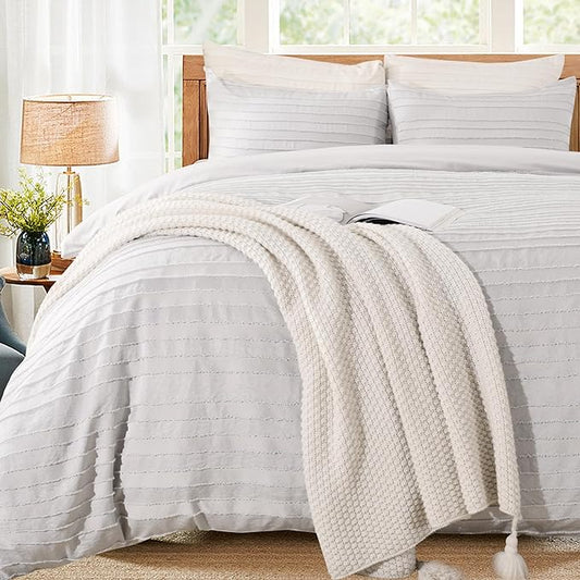 NEXHOME PRO Duvet Cover Full Size, Light Grey 3 Pieces Boho Tufted Duvet Cover Set, Soft and Lightweight Microfiber Comforter Cover Set for All Season (Light Grey Full, 80 x 90)-No Comforter