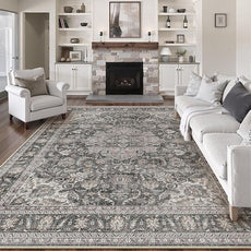 8x10 Washable Vintage Area Rug Black Grey Living Room Bedroom Carpet Non-Slip Soft Low Pile Distressed Indoor Large Throw Rug for Dining Room Office